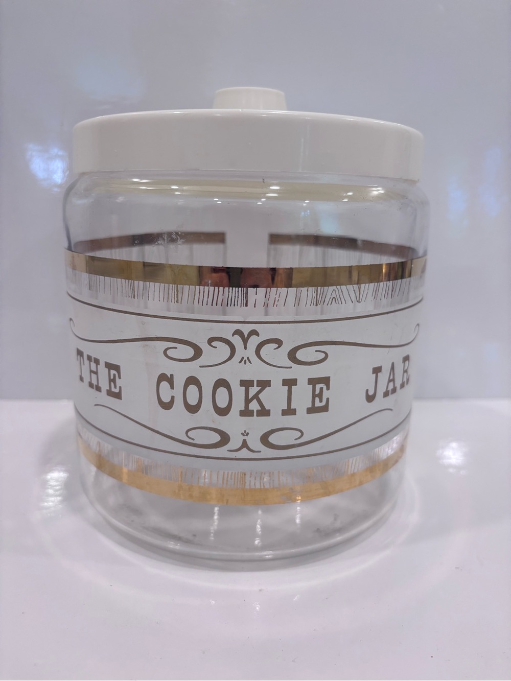 Vintage Pyrex glass cookie jar white plastic lid with gold wood grain